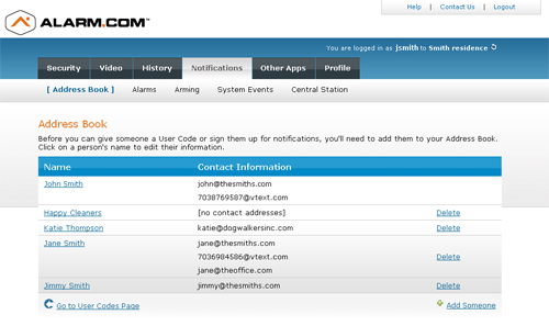 Alarm.com Notifications page
